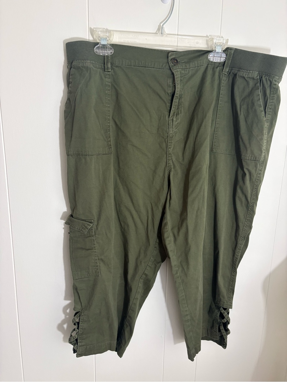 Olive Green Cargo Capri Pants with Side Lattice Detail